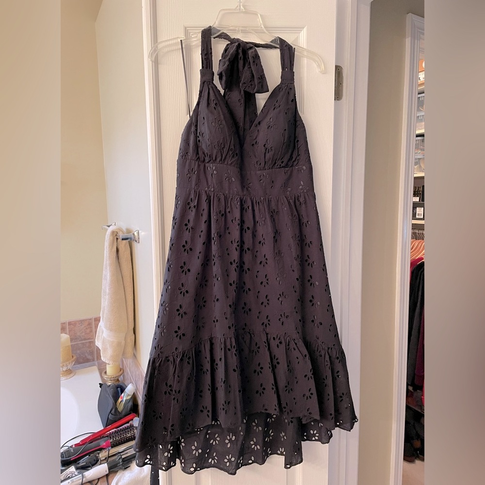 Oleg Cassini black eyelet high low halter dress